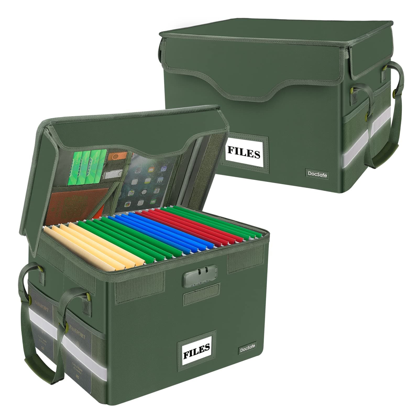 DocSafe Fireproof Document Box with Lock,File Storage Organizer with Pockets,Collapsible Portable File Box Home Office Safe Filing Cabinet with Handle for Hanging Letter/Legal Folders,Green,2 Pack