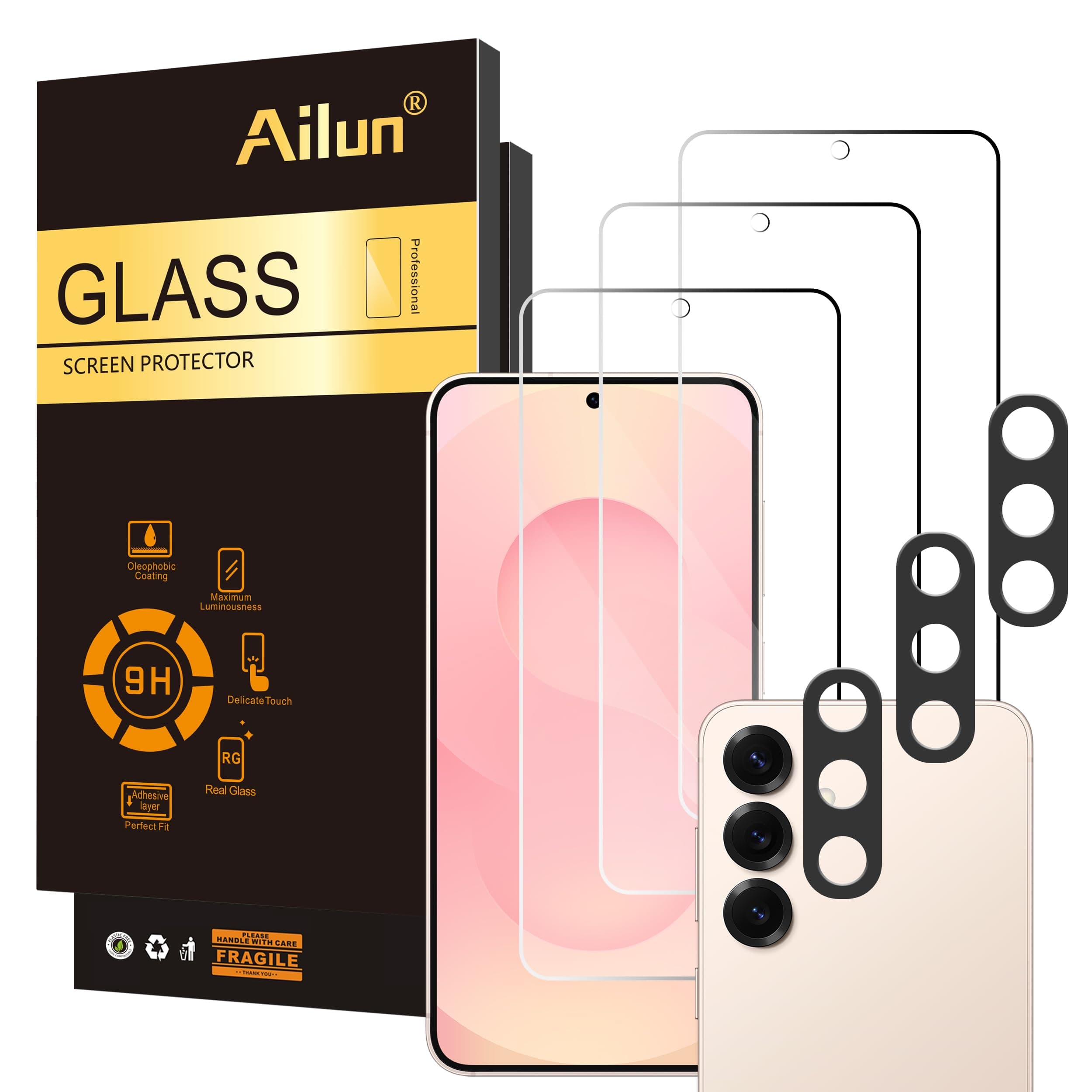 Ailun Glass Screen Protector for Galaxy S25 3 Pack + 3 Pack Camera Lens Tempered Glass Fingerprint Unlock Compatible 0.25mm Anti-Scratch Case Friendly Clear - HD [Not For S25 Plus/S25 Edge/S25Ultra]