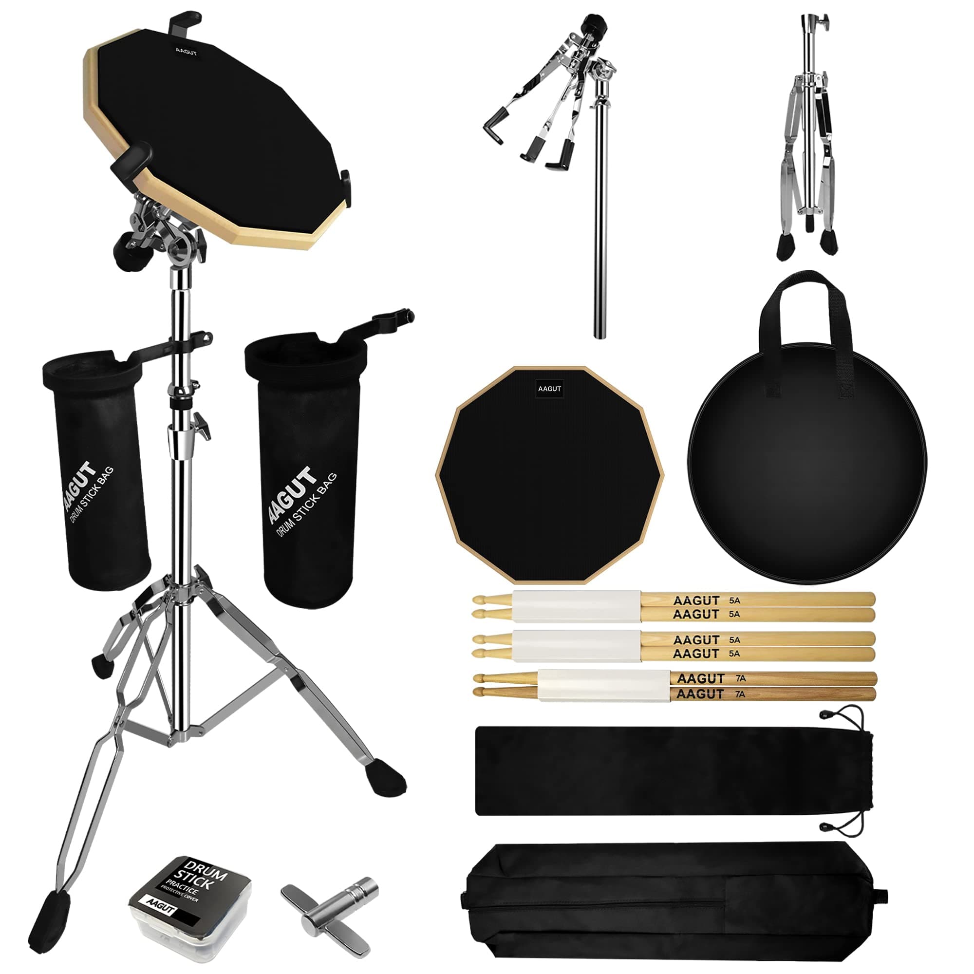AAGUT Drum Practice Pad Kit with 39" Super High Snare Drum Stand Set for Beginner, 12" Double Sided Silent Drum Mat with Drum Sticks, Kids Adults Practice Pad for Drumming, Black