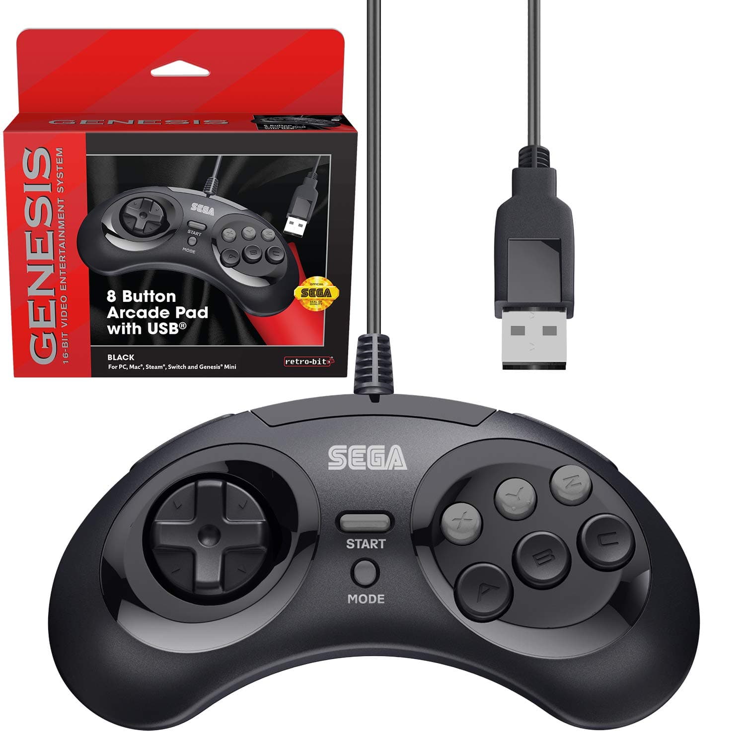 Retro-Bit Official Sega Genesis USB Controller 8-Button Arcade Pad for Sega Genesis Mini, Nintendo Switch, PC, Mac, Steam, RetroPie, Raspberry Pi - USB Port - Black