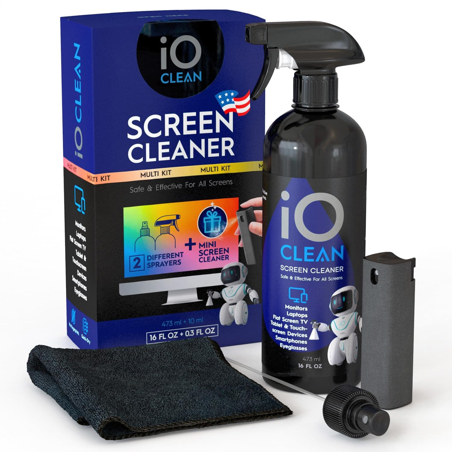 Screen Cleaner Spray Kit (16 oz + Mini Cleaner + 1 Cloth) Best Large Kit for OLED LCD LED TVs, Smartphones, iPads, Laptops, Touchscreens, Computer Monitors, Other Electronic Devices