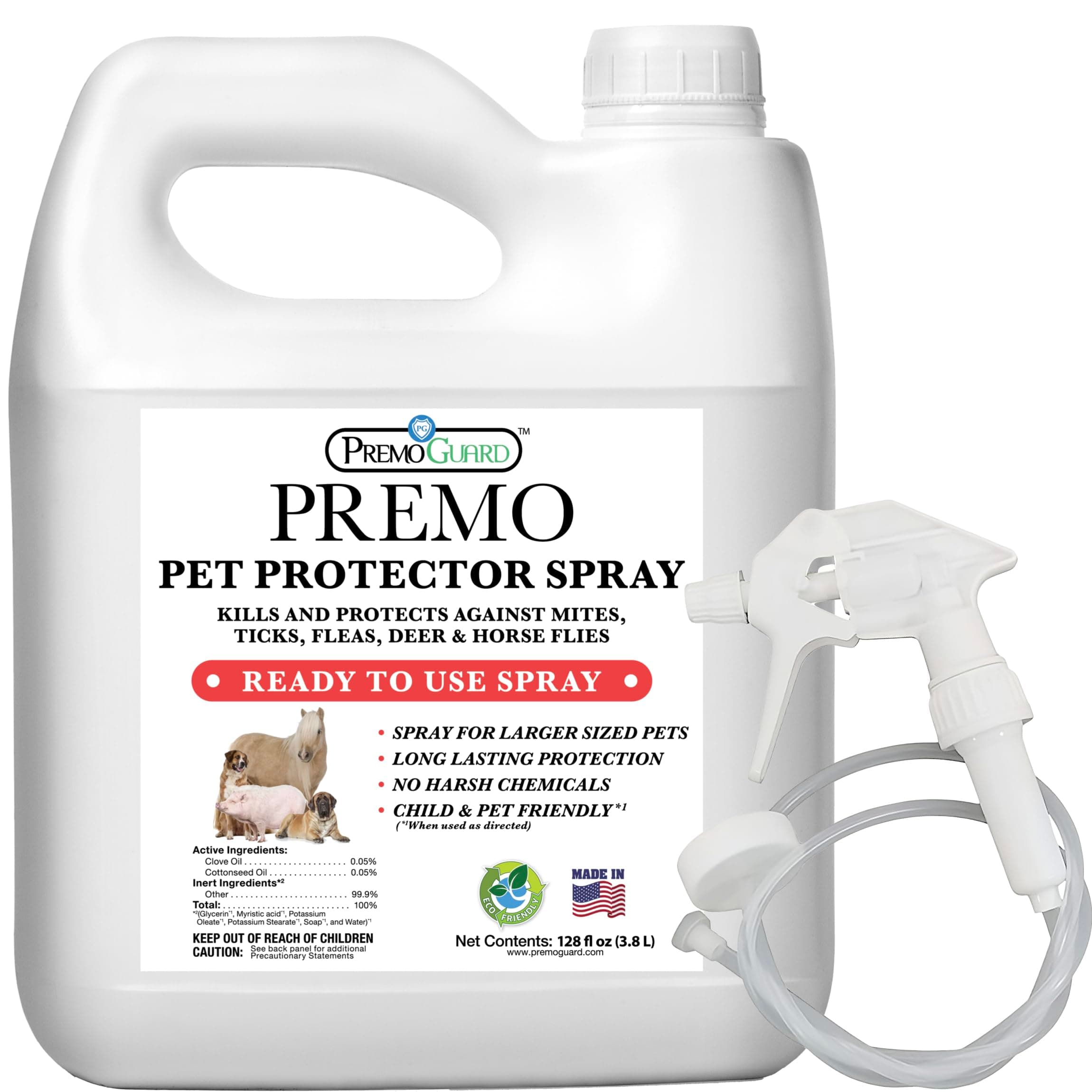 Premo Guard Pet Protector Spray - 128 oz - Kills Mites, Fleas, Ticks, & Mosquitoes - for Dogs, Cats, & Home - Natural Plant Based Oils for Control, Prevention & Treatment - Family Safe