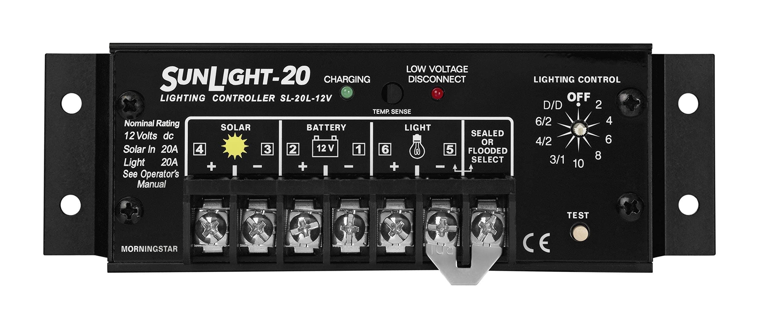 Morningstar Sunlight 20A Solar Charging Controller (SL-20L-12V) - Solar Panel Regulator for 12V Battery Lighting Ctrl Easy Setup with Corrosion Resistant Terminals 5 Year WTY - Designed in USA