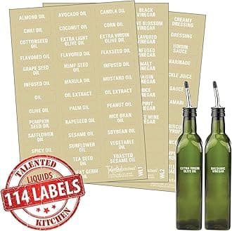 Talented Kitchen 114-Piece Oil & Vinegar Label System - Preprinted & Blank Oil Bottle Stickers - Kitchen Liquid Labels - 114 White on Clear Stickers, 1.5"x 0.5"
