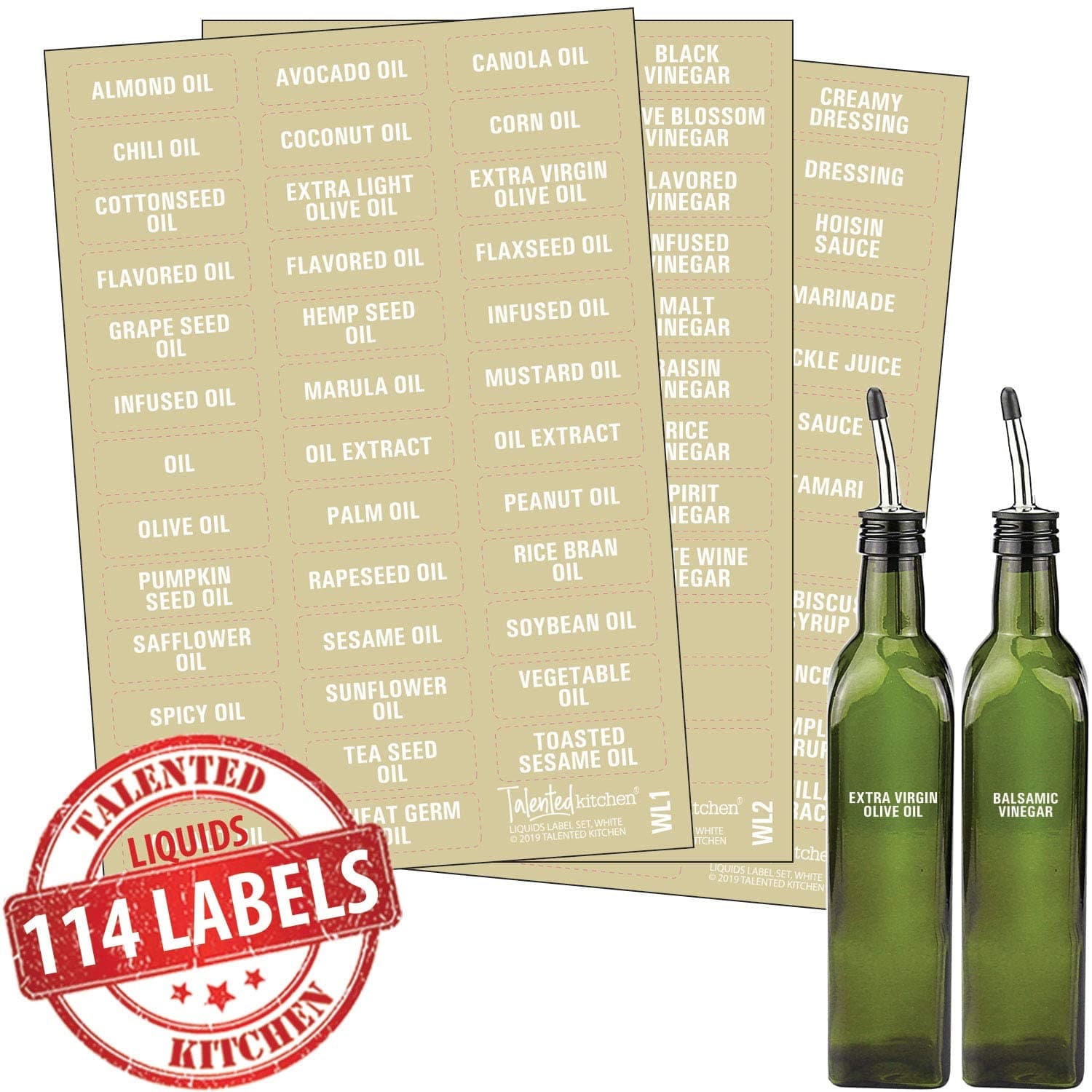 Talented Kitchen 114-Piece Oil & Vinegar Label System - Preprinted & Blank Oil Bottle Stickers - Kitchen Liquid Labels - 114 White on Clear Stickers, 1.5"x 0.5"