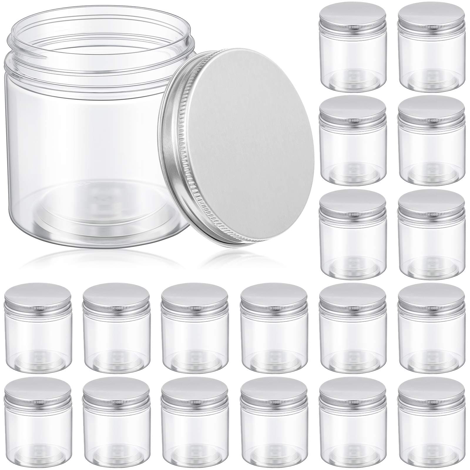 Patelai 18 Pieces Plastic Jars with Lids, Clear Jar Refillable Cosmetic Jars Storage Containers Kitchen Storage with Lids for Cosmetics Food Seasonings(6.5 x 6.5 x 6.5 cm,Silver Lid)