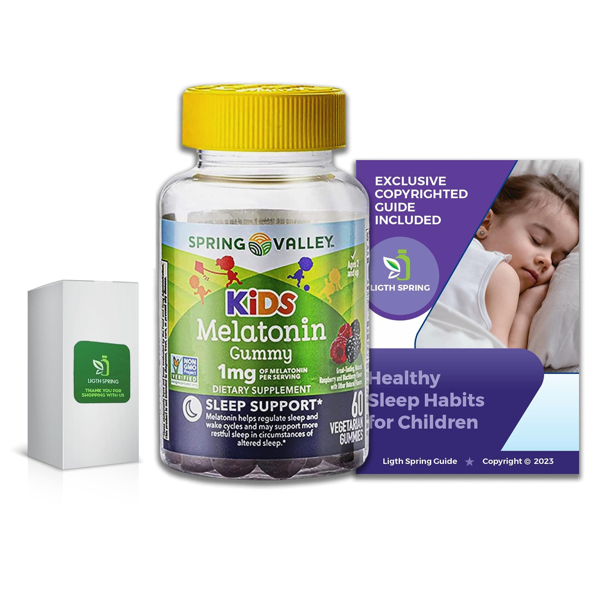 Vegetarian Melatonin Gummies for Kids, Sleep Support, 60 Ct Bundle with Exclusive Healthy Sleep Habits for Children - Better Light&Spring Guide (2 Items)