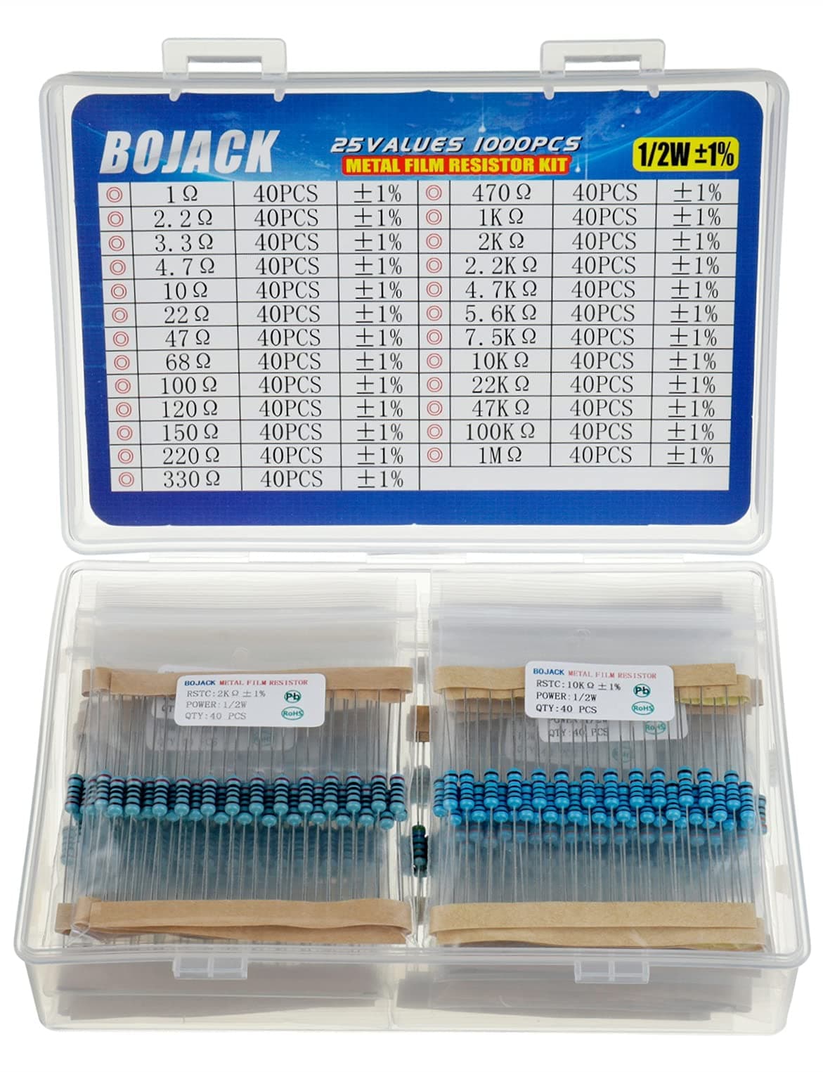 1000 Pcs 25 Values Resistor Kit 1 Ohm-1M Ohm with 1% 1/2W Metal Film Resistors Assortment