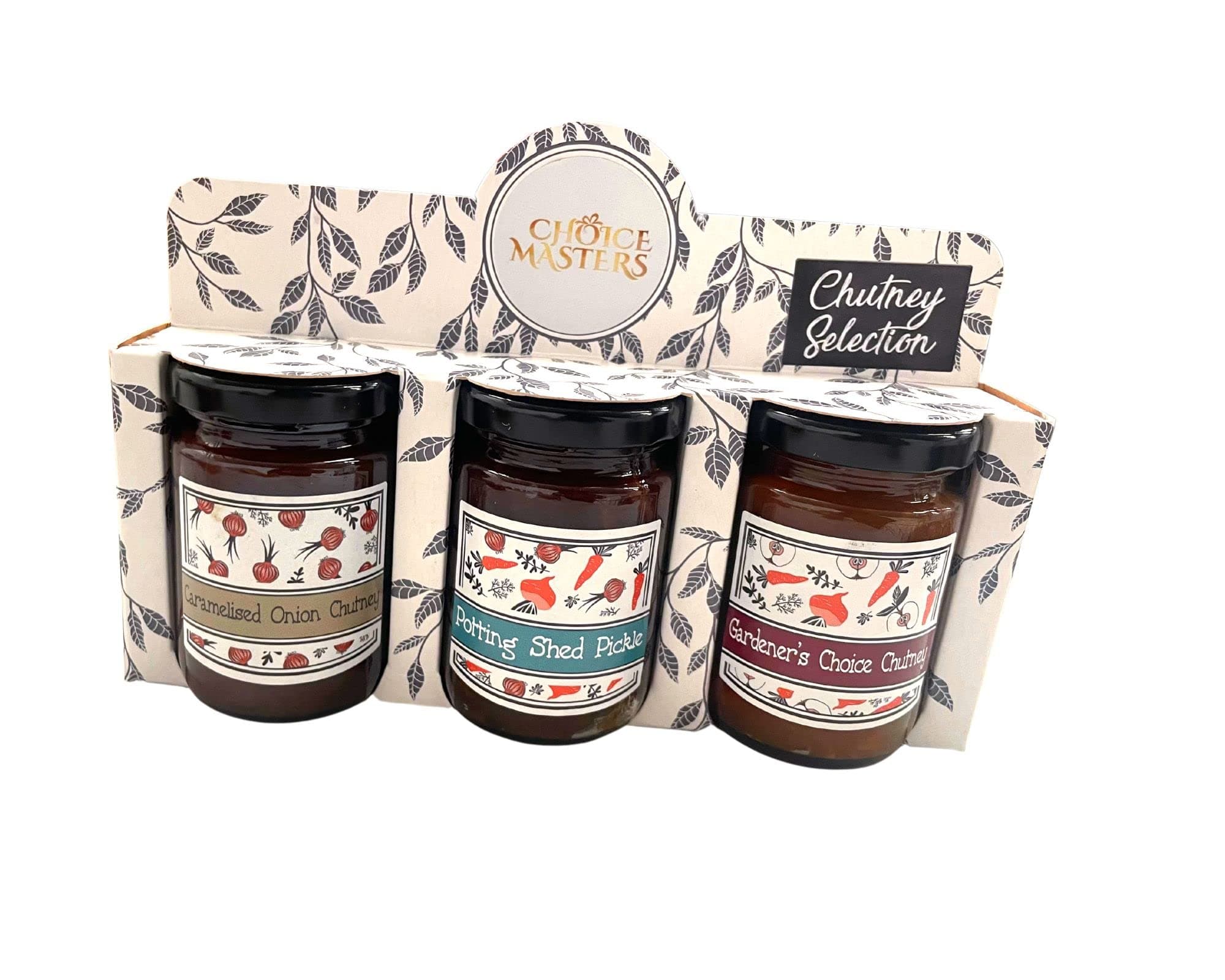 Choice Masters Cheese Lovers Trio Jar Gift Set - Cheeseboard Accompaniment Tea Time Gift Pack - ~Caramelised Onion Cheeseboard Chutney & Potting Shed Pickle and Gardeners Choice Chutney