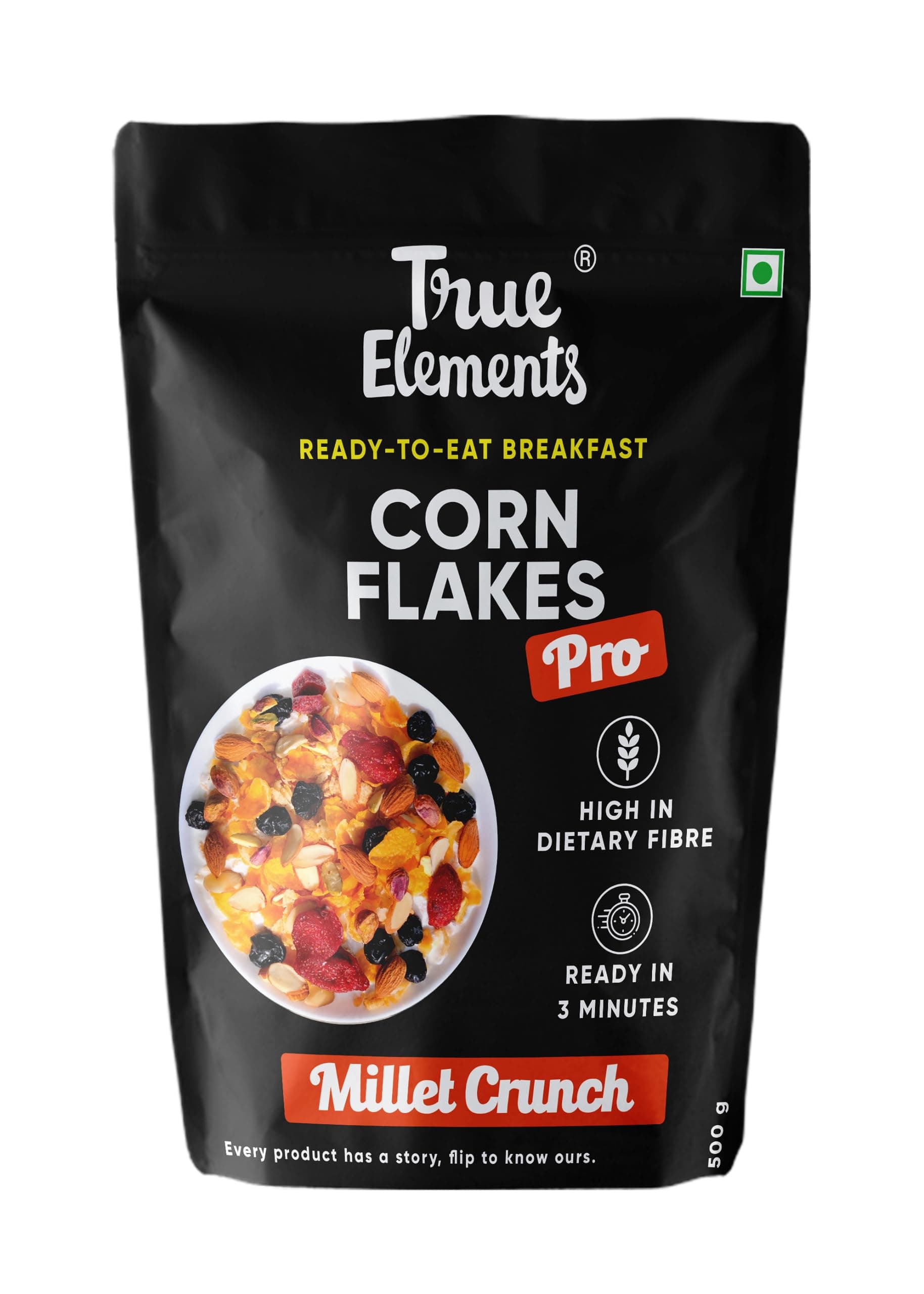 True Elements Corn Flakes Pro Millet Crunch 500gm - With Goodness of Jowar Flakes & Wheat Flakes | High Fibre & Protein Breakfast Cereal | Keeps you full till lunch