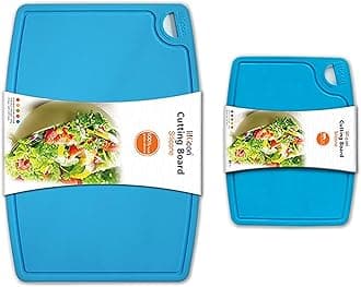 Liflicon Thick Cutting Boards for Kitchen Silicone Chopping Board Set of 2 Large14.6''x10.43'', Mini 9.1”x7.1” Non-slip Deep Drip Juice Groove Easy Grip Handle,BPA Free,Non-porous,Dishwasher Safe-Blue