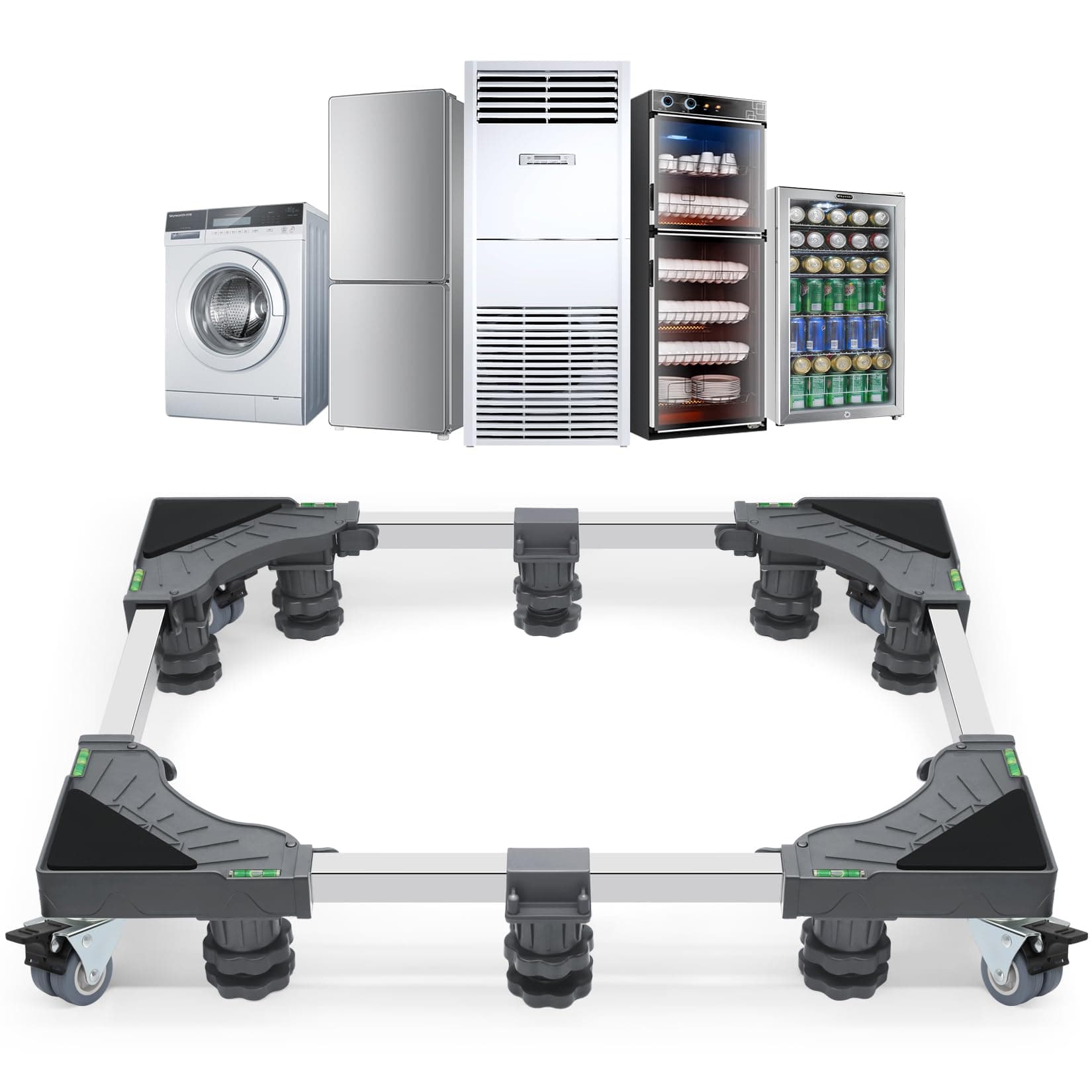 WBD WEIBIDA Upgraded Full-size Washing Machine Base Stand with 4 Locking Wheels & 10 Strong Feet, 24-31" Fridge Stand Adjustable Flat Dolly Cart Mobile Base for Washer, Dryer, Refrigerator, Furniture