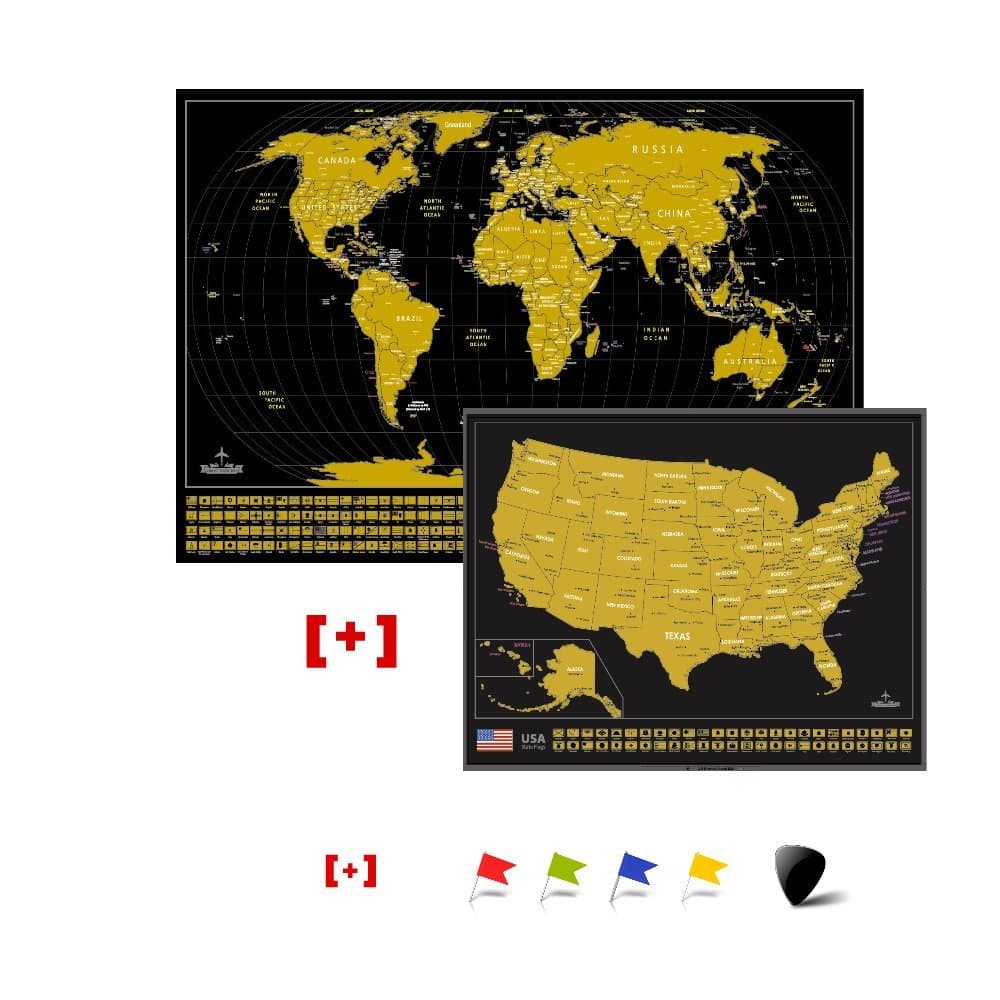 Scratch Off Map Set Including US and World Map and Pins and Accessories – Ideal as Wall Poster Decoration and Interactive Learning Tool for Kids or Deluxe Gift for Travelers