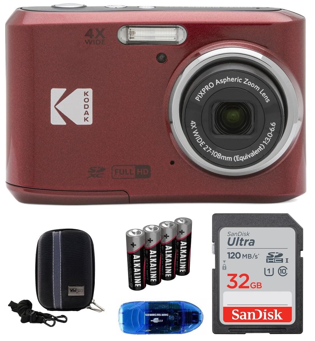 Pixpro FZ45 Digital Camera Bundle, Includes: SanDisk 32GB Memory Card, Spare Batteries, Hard Shell Camera Case and Card Reader (5 Items) (Red)