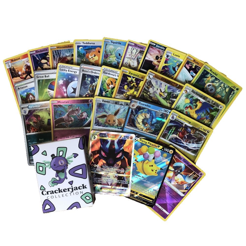 Crackerjack Collection50 Card Mystery Bundle Box - 50 Authentic TCG Cards + 5 Holos + 1 Ultra Rare, Full Art, or Similar Rarity Card - Compatible with and Includes 50+ Pokemon Cards