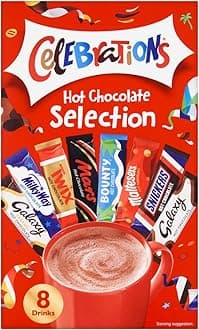 CelEBraTioNs Hot Chocolate Selection 8 x 25g. Falvours inc. Galaxy Caramel, Galaxy, Snickers, Maltesers Mars, Twix, MilikyWay. Imported from UK/Britain/England. 8 of your favourite candy bars in Hot Chocolate flavours