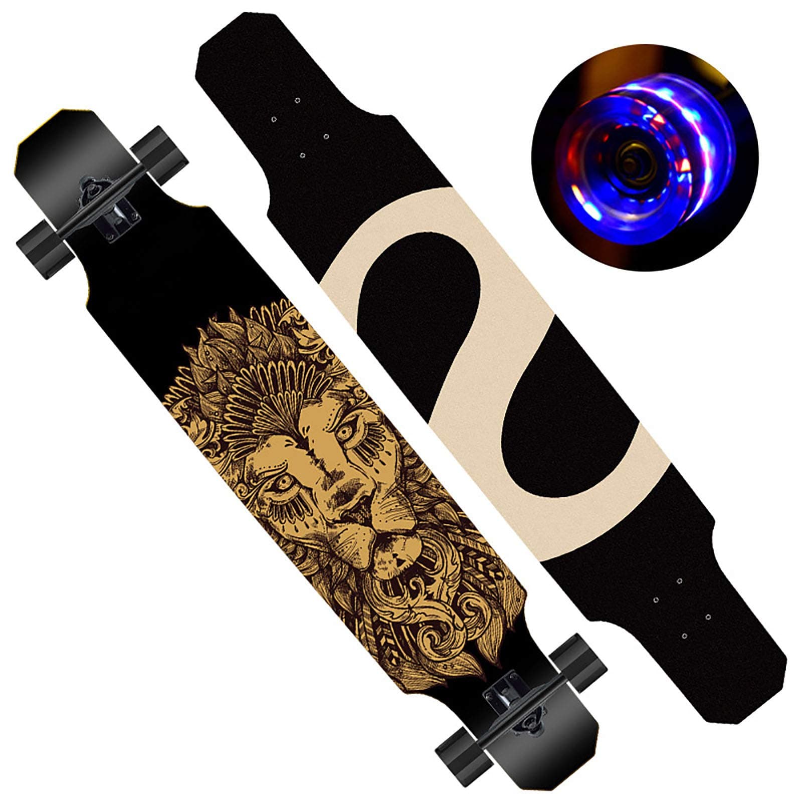 Complete Longboard, 47" 9-layer Maple King Pattern Four-wheel Flashing Double Tilt Longboard Dance Board Suitable For Beginners Adults Load-bearing 250kg