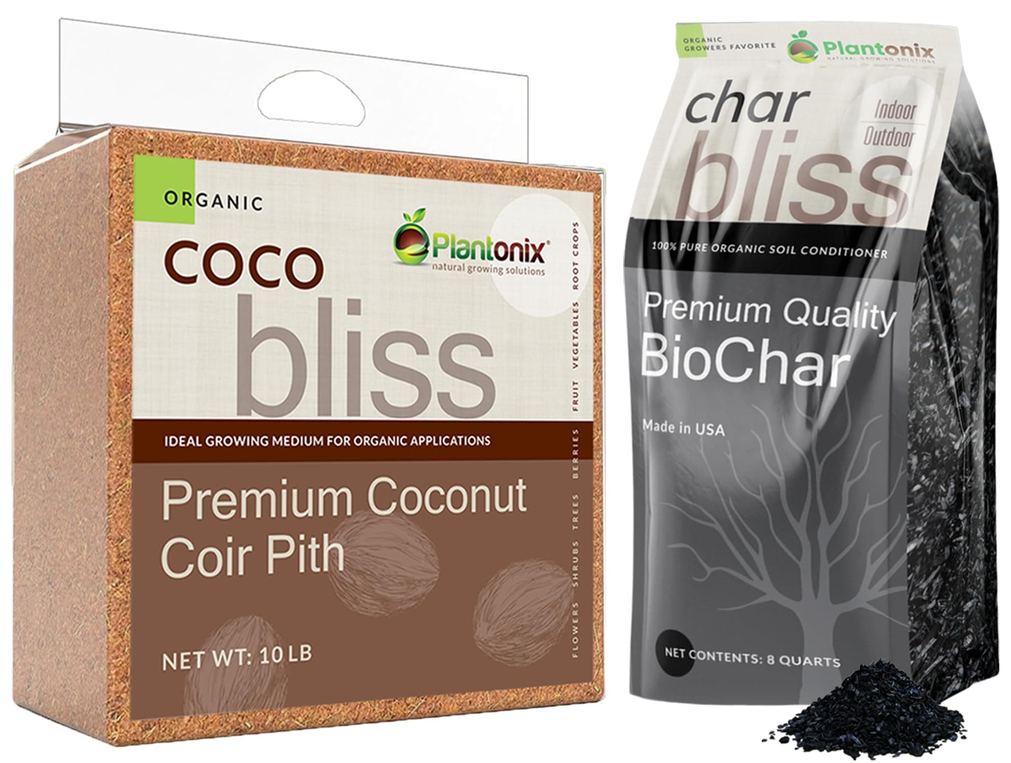Coco Bliss (10lbs) + Char Bliss (8 Qts) - Coco Coir Brick & Organic Biochar for Plants - Organic Coco Coir for Plants - Biochar Soil Amendment - Charcoal for Plants - Garden Soil & Potting Soil Mix