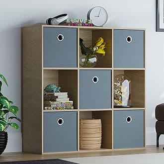 Vida Designs Durham Cube Bookcase Storage Organiser Living Room Bookshelf Home Office Furniture (9 Cube & 5 Grey Baskets, Oak)