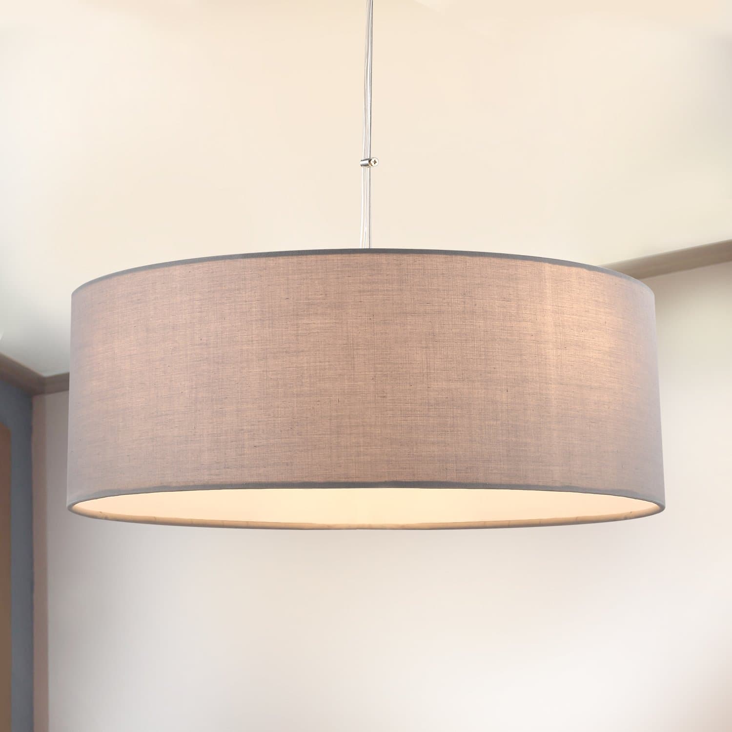 Pendant Light, Semi-Flush Mount Modern Fabric Ceiling Light Shade, Large Grey Drum Lampshade, Round Pendant Lamp, Lamps for bedrooms, 3 Bulbs