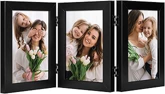 Frametory, 5x7 Trifold Picture Frame Hinged Photo Frames Three Folding Frame Desktop Glass Frame Vertical (Black, 5x7 Triple)