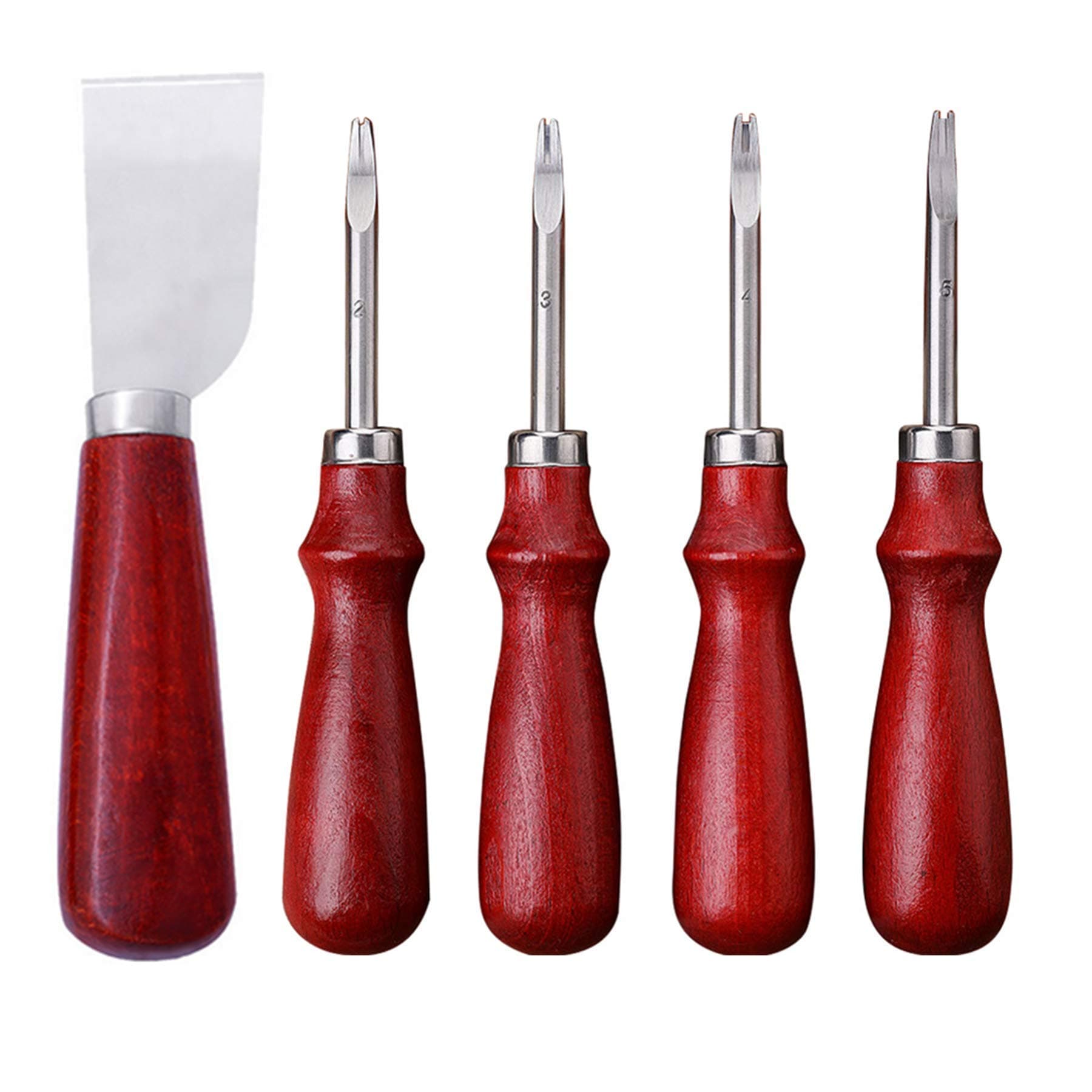 PHAETON 5 Pack Leather Edge Beveler and Leather Cutting Knife, Wood Handle Leather Skiving Tools for DIY Leather Craft Skiving(1.5 mm, 1.2 mm, 1.0 mm, 0.8 mm & Skiving Knife)