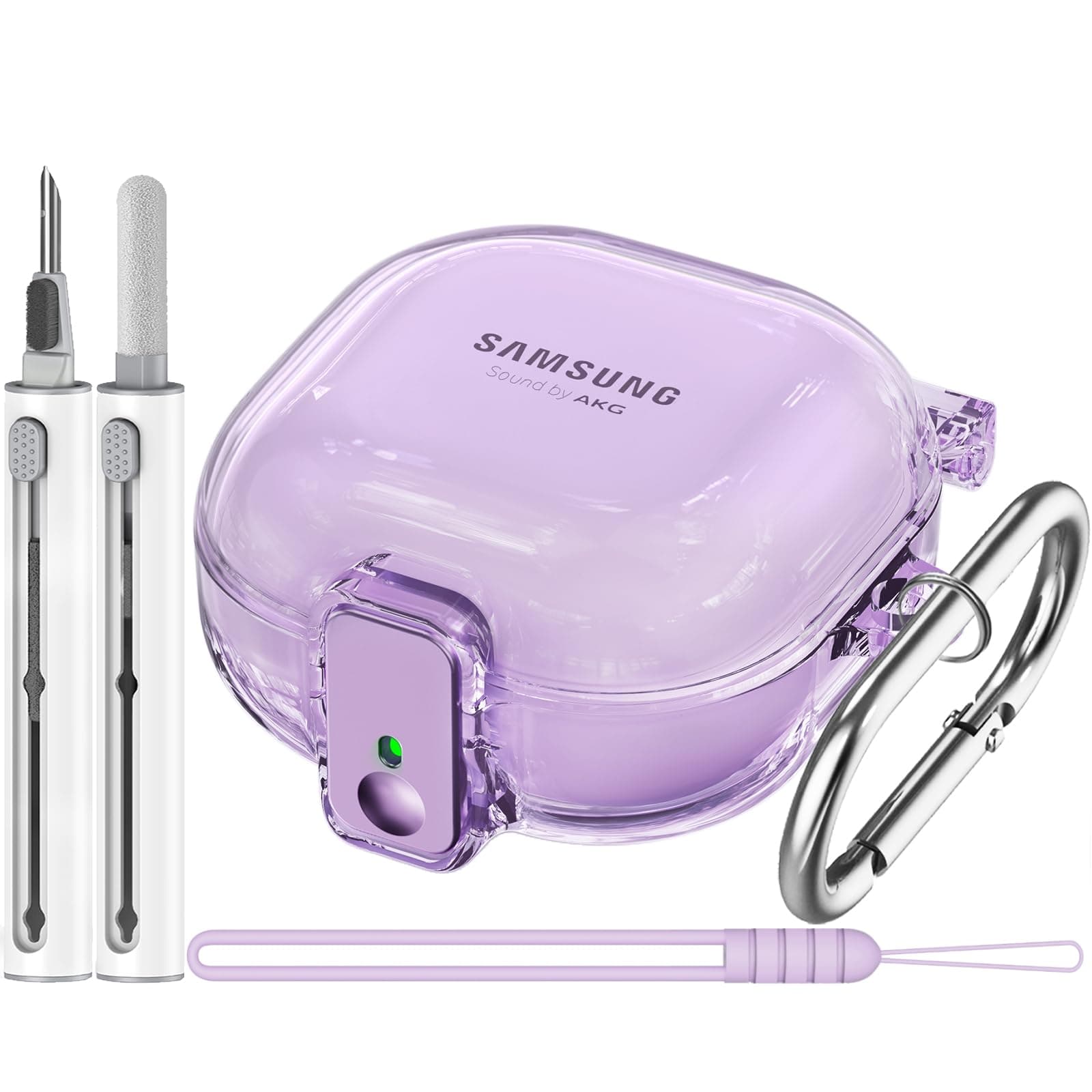 [with Safety Lock] Clear Case for Samsung Galaxy Buds 2 Pro/Galaxy Buds 2/Galaxy Buds Pro/Galaxy Buds Live,Accessories with Anti-Lost Keychain/Silicone Wrist Strap(Purple)