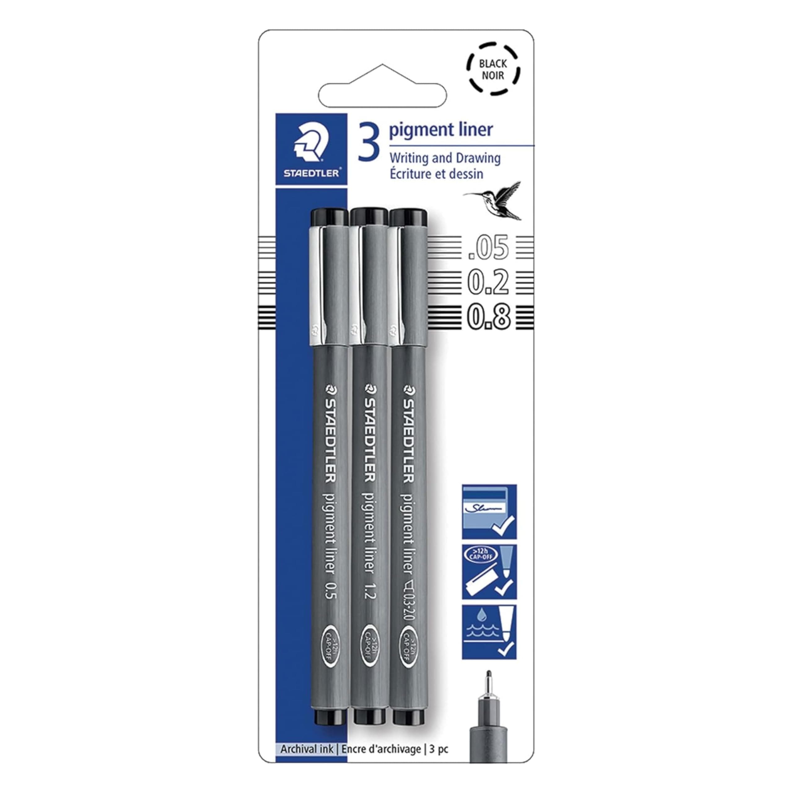 Pigment Liner Pack, Black, 3 Pens, Assorted Line Widths 0.05mm/0.2mm/0.8mm, 308-9SBK3