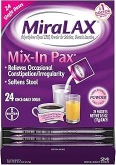 MiraLAX Gentle Constipation Relief Laxative Powder, Stool Softener with PEG 3350, No Harsh Side Effects, 1 Doctor & OBGYN Recommended, Single Dose Mix-in Pax, Travel Pack, 24 Dose
