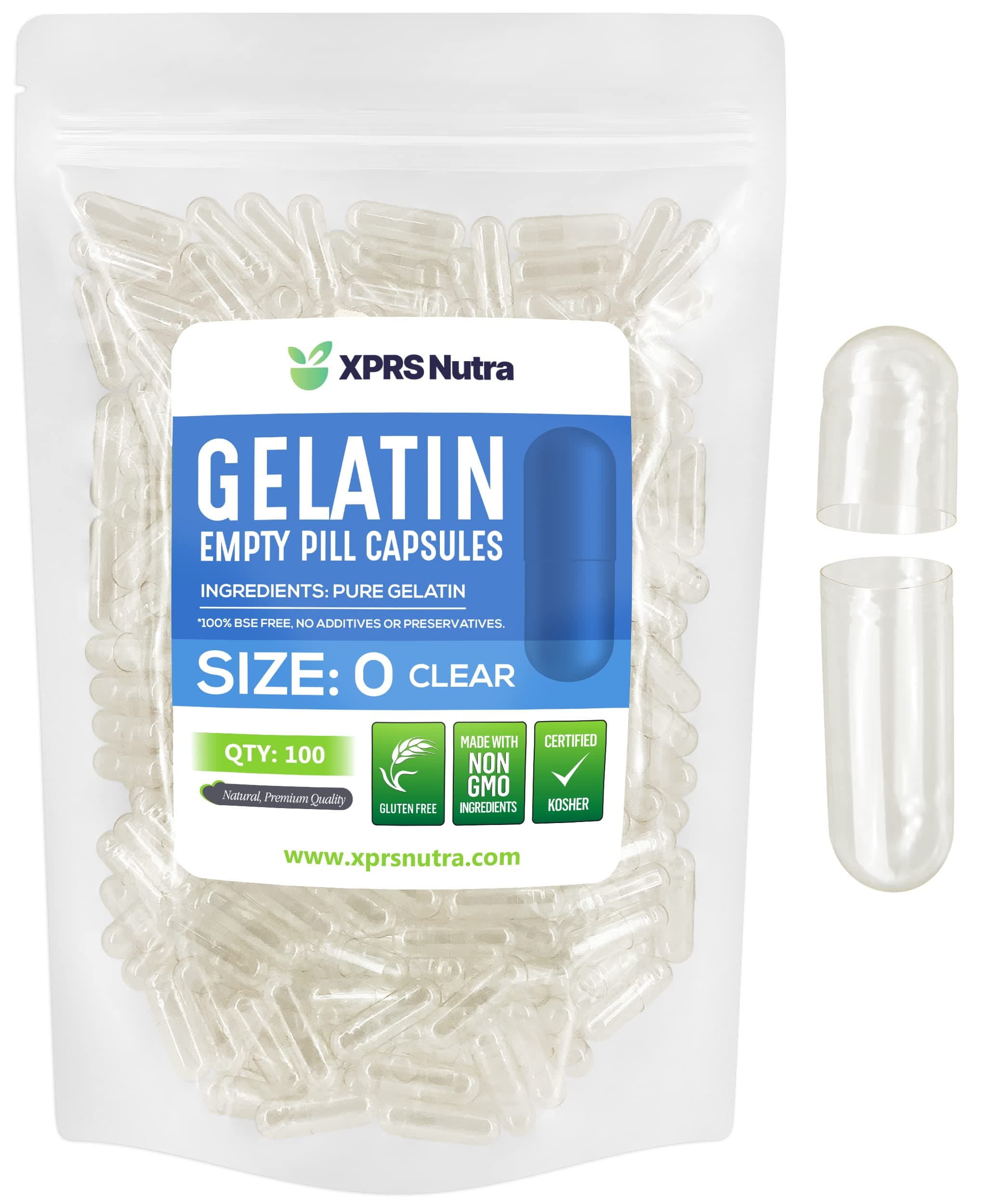 Capsules Express- Size 0 Clear Empty Gelatin Capsules 100 Count - Kosher and Halal - Pure Gelatin Pill Capsule - DIY Powder Filling