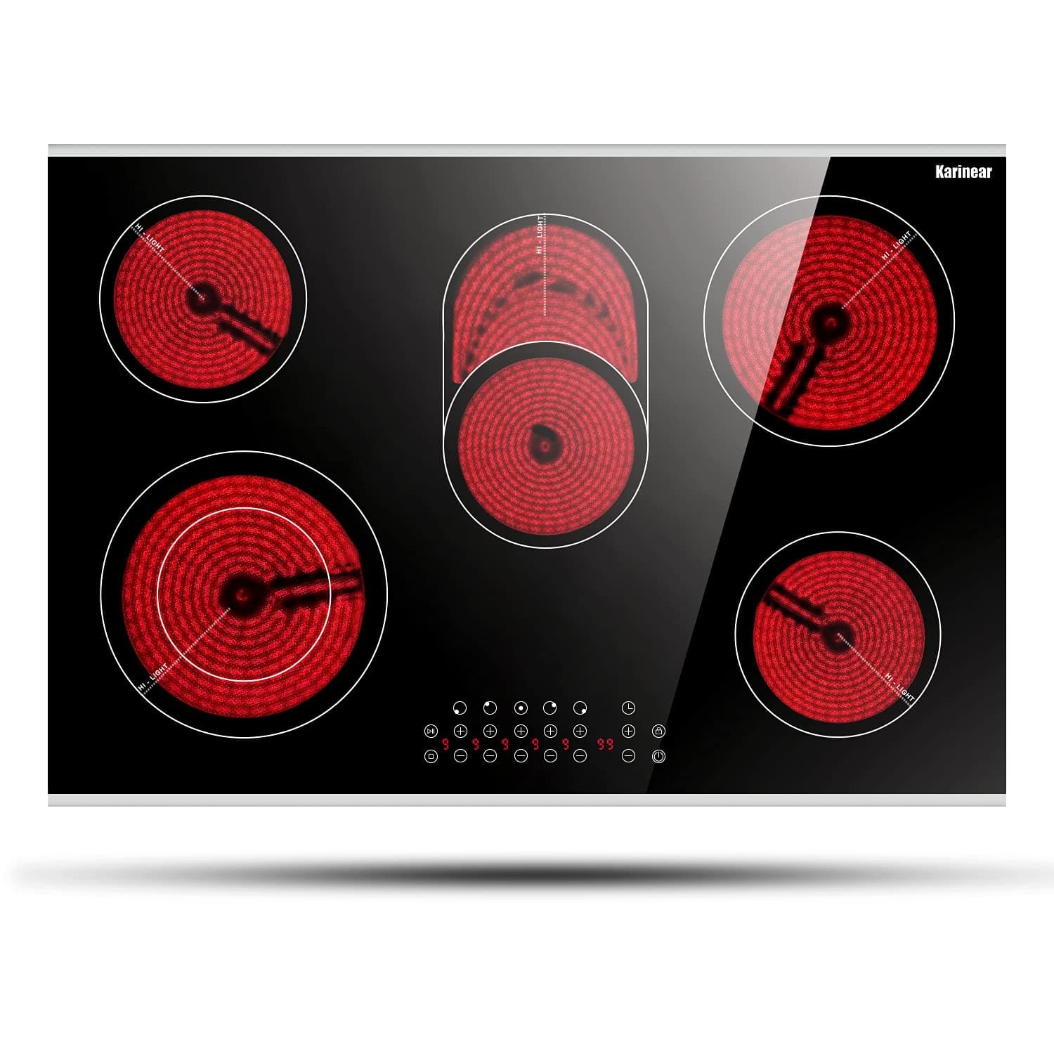 Karinear 30 Inch Electric Cooktop 30 Inch 5 Burners Electric Stove Ceramic Cooktop, Drop-in Radiant Stovetop with Front and Back Metal Frame, Lock, Timer, 8400W, 220-240V, Hard Wire, No Plug