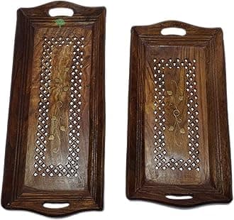 Hand Carved Wooden Serving Tray Set of 2 (Tea, Coffee, Snacks, Water) Decorative Tray/Platter for Home/Kitchen/Table Decor wooden decorative tray wooden tea tray rectangular wooden tray wooden tray for packing wooden tray for kitchen amazon wooden trays small wooden tray wooden tray price painted wooden trays wooden platter tray wooden tray for serving wooden serving tray set square wooden platter