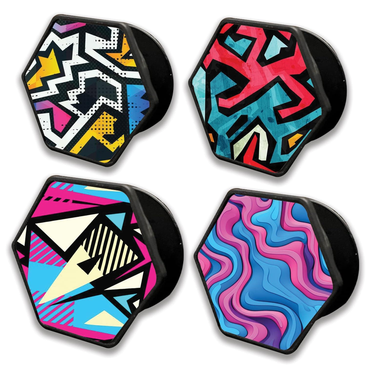 PHONE ANTICS Mobile Holder Finger Grip Mobile Back Holder Grip Mobile Socket Grips Printed Designs for Smartphones Hexagone Shape (Pack of 4) (Graffiti)