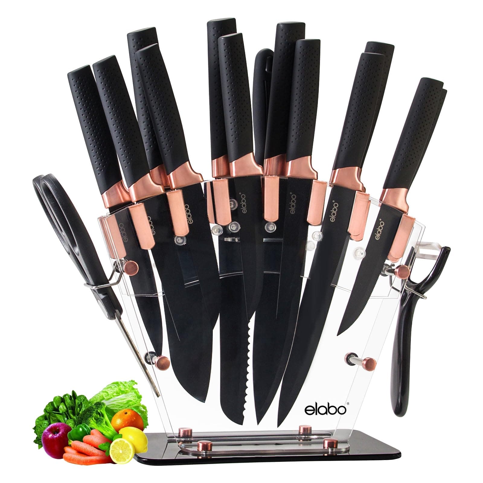 elabo Kitchen Knife Set - 16 Pcs Knife Set with Acrylic Block and Sharpener, Stainless Steel Knives Set for Kitchen Includes Sharp Knives, 6 Serrated Steak Knives, Dishwasher Safe(Rose Gold)