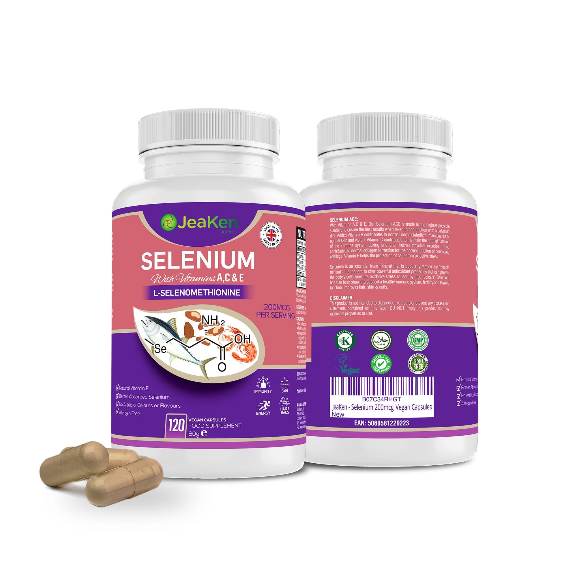 JeaKen - Selenium 200mcg Capsules - Premium Selenium with Vitamins A C E - Promotes Healthy Skin Hair and Nails - Protects The Liver - Immunity and Vitality Booster - 120 Allergen Free Vegan Capsules
