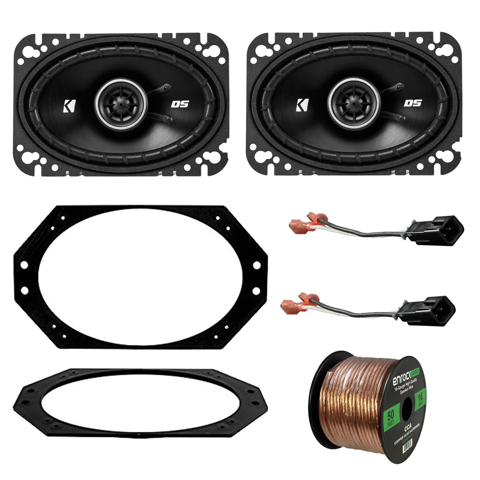 97-06 Jeep Wrangler Speaker System Bundle With 2 Kicker 40CS464 4x6" 150 Watt Car Audio Speaker + Metra 82-1011 Speaker Adapter Plate + 72-6512 2-Pin Speaker Connector + Enrock 50ft 16g Speaker Wire