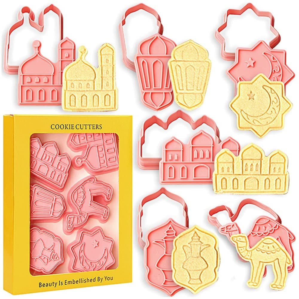 Ramadan Eid Mubarak Cookie Cutters 1 Set/ 6pcs 3D Cookie Mold Fondant Stamp Baking Mold Cake Decorating Tool, Mosque, Lantern, Camel, Star, Moon, Islamic Star