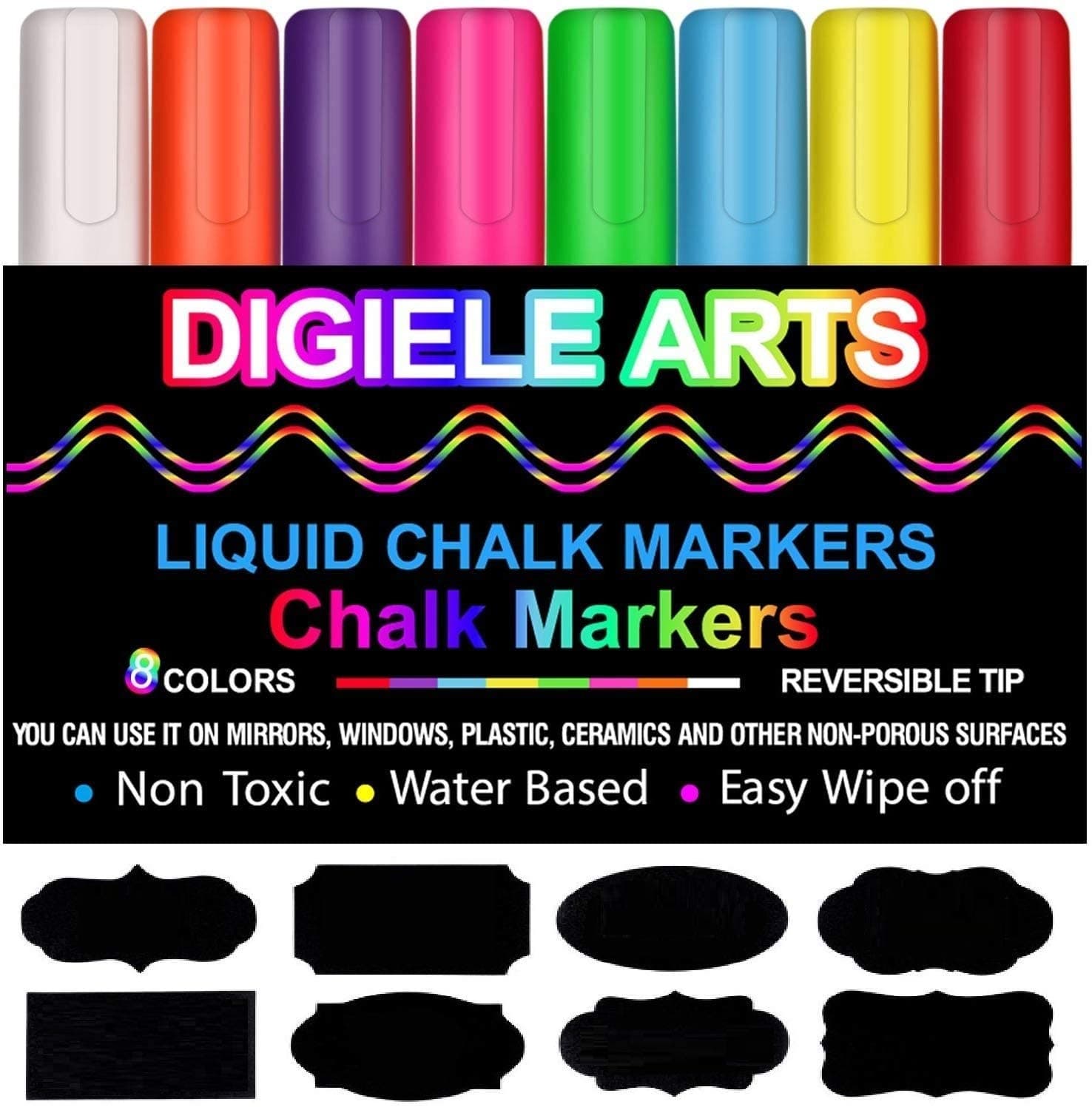 DIGIELE Liquid Chalk Markers, 6mm Reversible Bullet and Chisel Tip, Dry/Wet Wipe Erase Chalk Pens, Pack of 8 Colours Chalk Markers with Free 32pcs Chalkboard Labels, Non-Toxic, Safe & Easy to Use