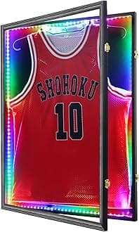 Jersey Frame Display Case,Lockable with Colorful Led Lights Display Box for Jersey Display with UV Protection Acrylic and Hanger for Baseball Basketball Football Hockey Sport Shirt,Black