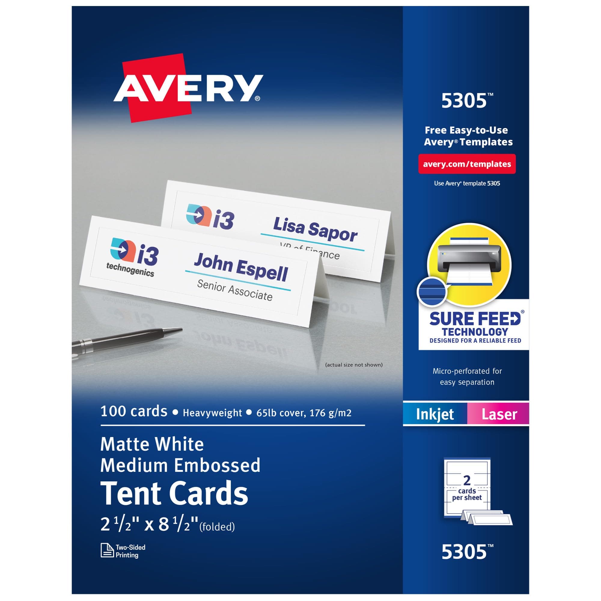 Printable Tent Cards with Sure Feed Technology, 2-1/2" x 8-1/2", Matte White with Embossed Border, 100 Blank Place Cards for Laser and Inkjet Printers (5305)