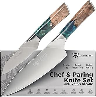 - 2 Piece Knife Set - Chef Knife 8 inch & Paring Knife 4 inch - Valhalla Series - Premium 9CR18MOV HC Steel - Celestial Resin & Wood Handle - Razor Sharp - Essential Set - Leather Sheath