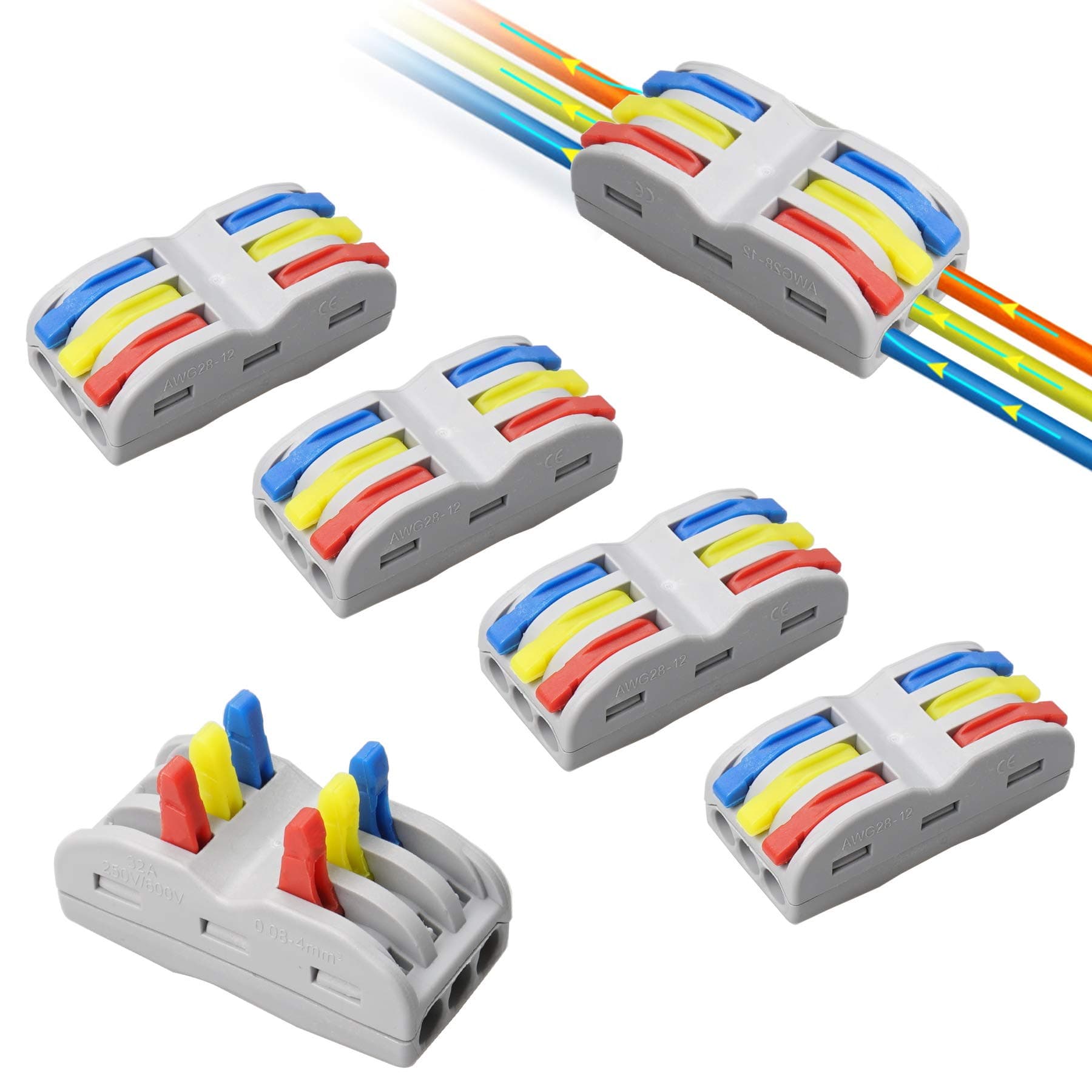 16pcs Lever Nut Wire Connectors, Conductor Compact Wire Connectors 6 Hole Quick Cable Clamp Terminal Block Spring Connector Electrical Connectors (Multicolor Lever)