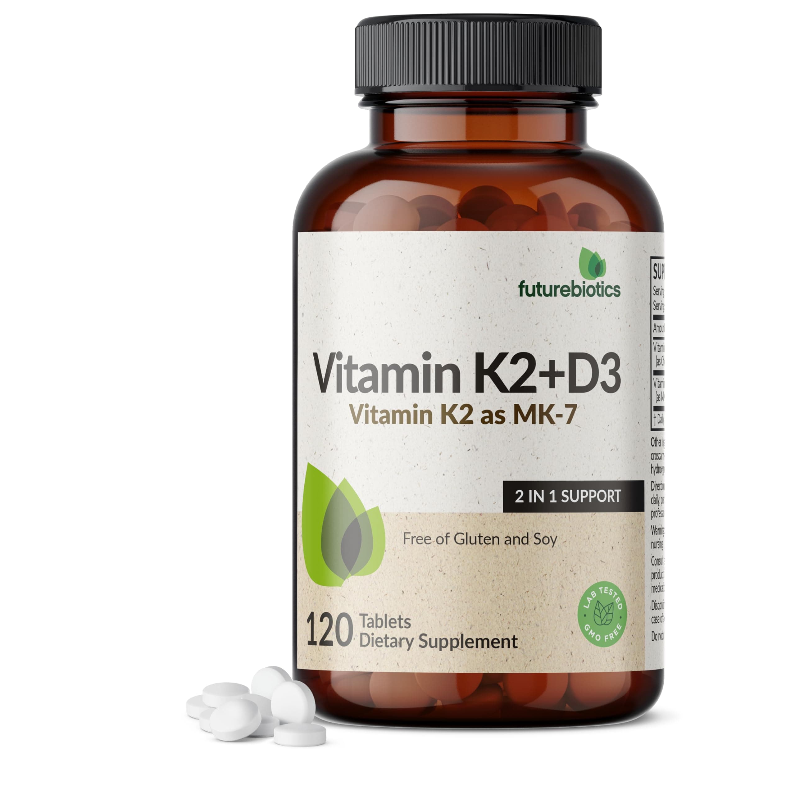 Futurebiotics Vitamin K2 with D3, 2 in 1 Support, 5000 IU Vitamin D3 & 90 mcg Vitamin K2 MK-7 Non-GMO, 120 Tablets