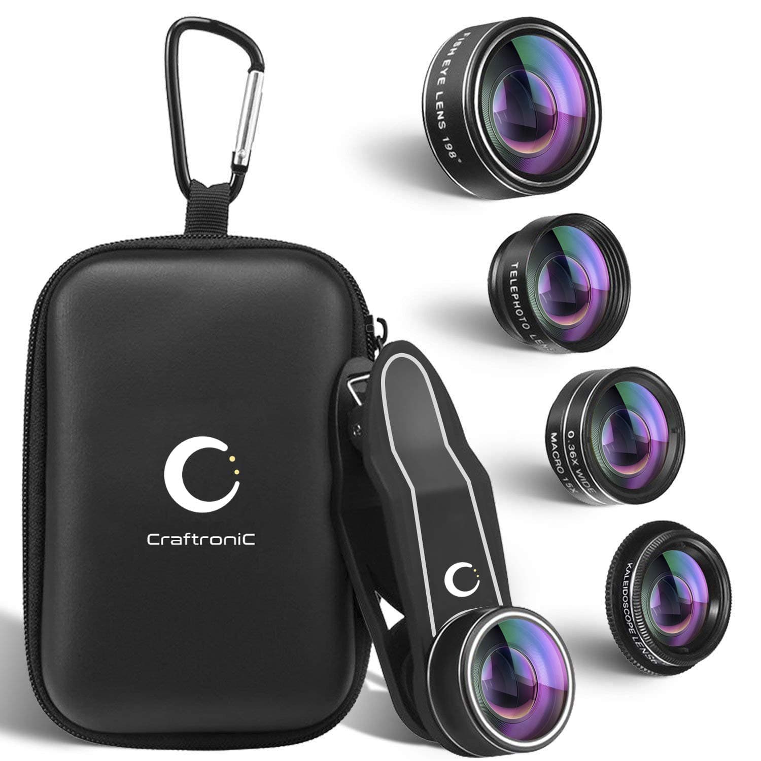 Craftronic Mobile Lens Kit Pro - 5 in 1 Universal Set (UPGRADED) for iPhone, Samsung, 2X Zoom Telephoto + 0.36X Super Wide Angle + 198° Fisheye + 15X Macro + Kaleidoscope Filter with Travel Case