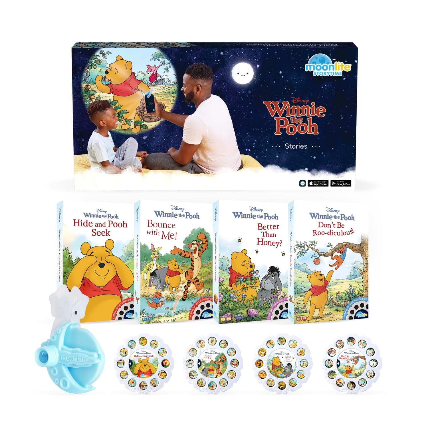Moonlite Storytime Starter Pack with Smartphone Projector, Picture Disc and Four Stories, Ideal for Bedtime, Storytime, Family Travel and Thoughtful, Disney Winnie the Pooh
