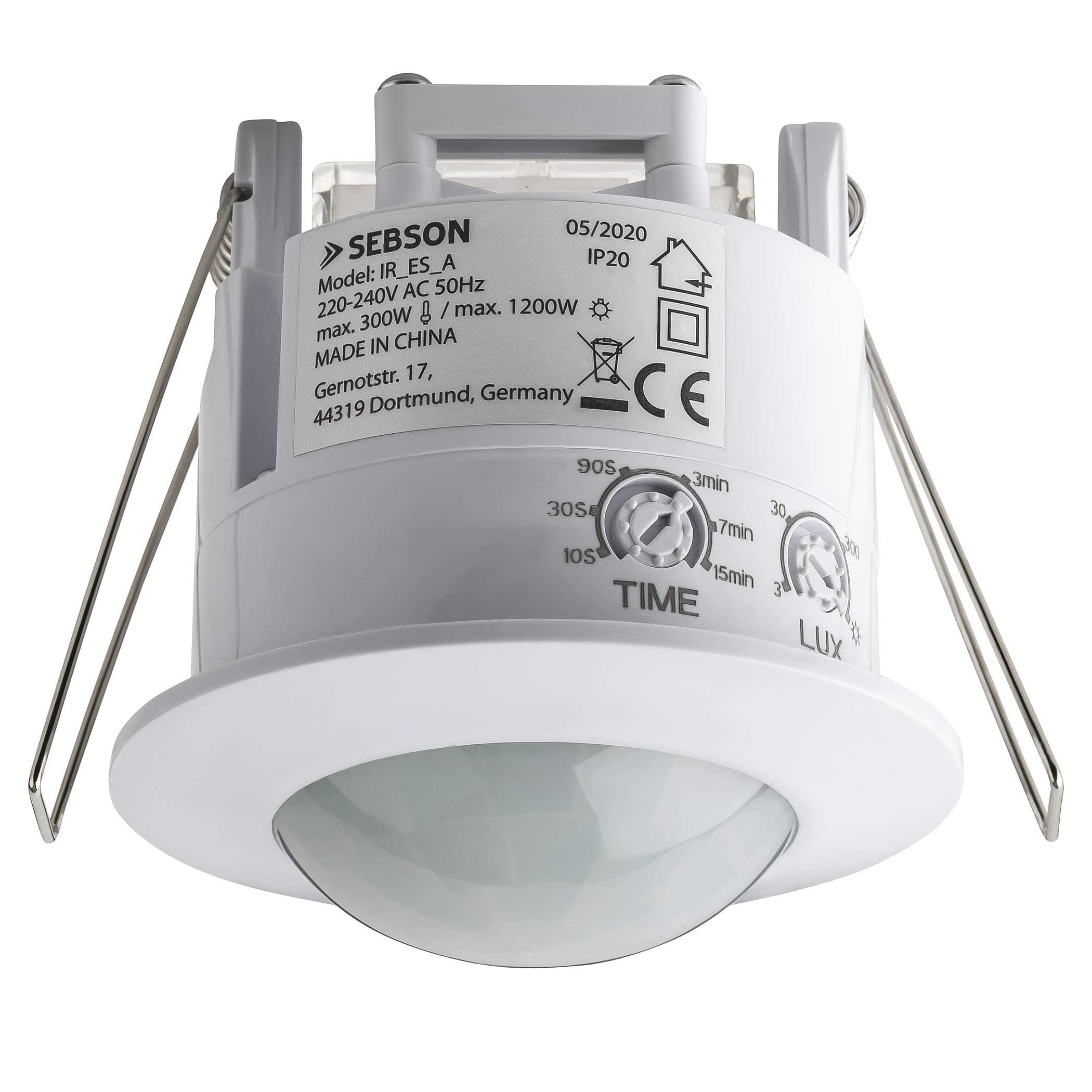 PIR Sensor Indoor, Ceiling Flush Mounted, Infrared Motion Sensor, LED Suitable, Range 6m / 360°, max. 1200/300W, IP20, 3-Wire, White