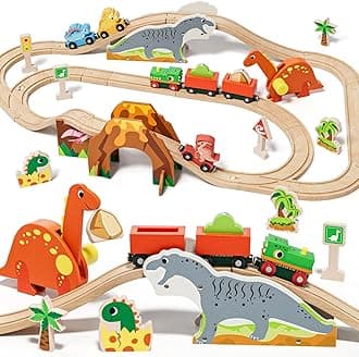 Wooden Train Set, Dinosaur Wooden Train Track Set, Wood Toy Train Set for Toddlers 2-4, Train Toys for Toddlers 3-5, Fits Thomas, Fits Brio, Fits Melissa and Doug