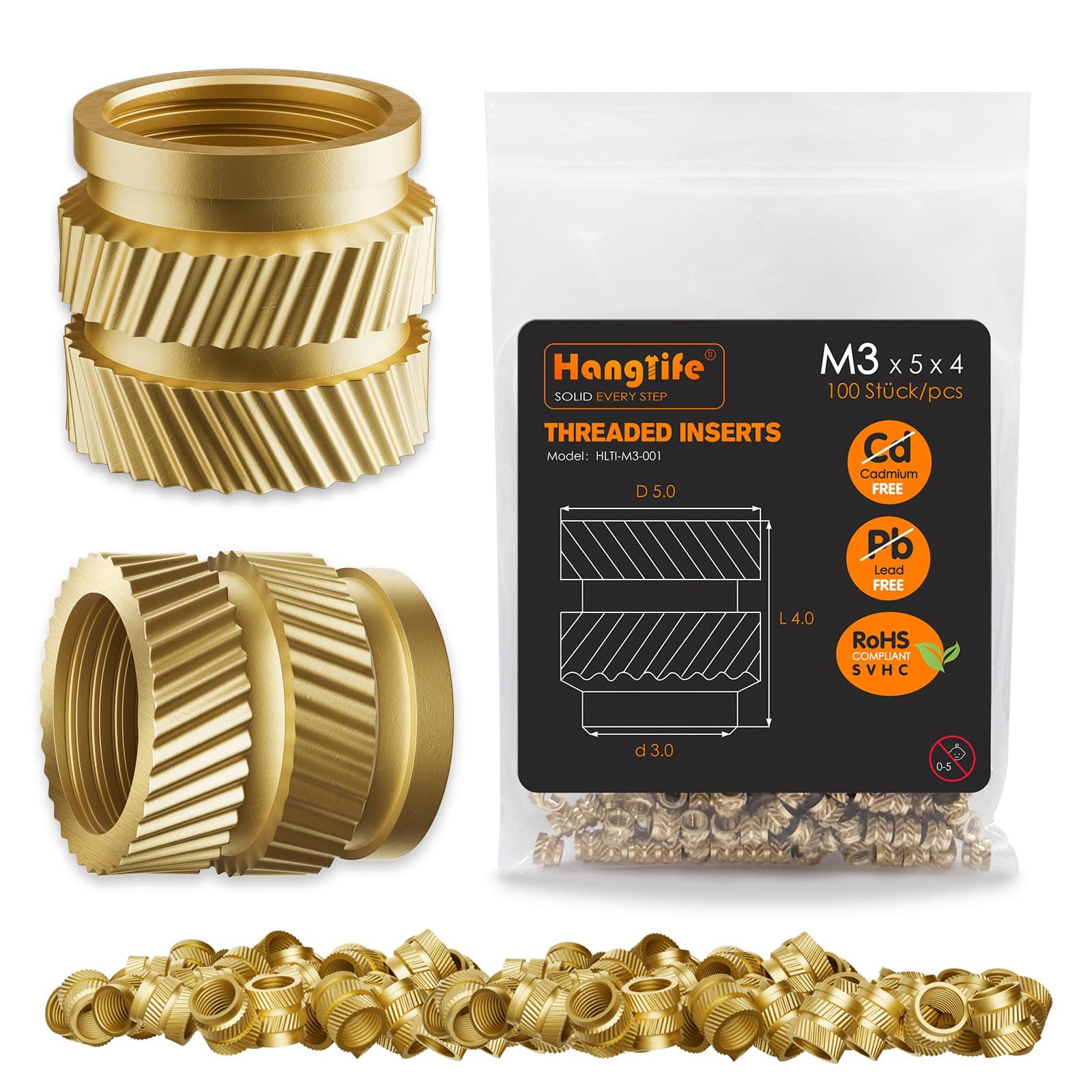 HANGLIFE Threaded Inserts for Plastic, M3 Heat Set Insert for 3D Printing Components and Plastic Parts - Brass Metric Knurled Nuts (100 Pieces)