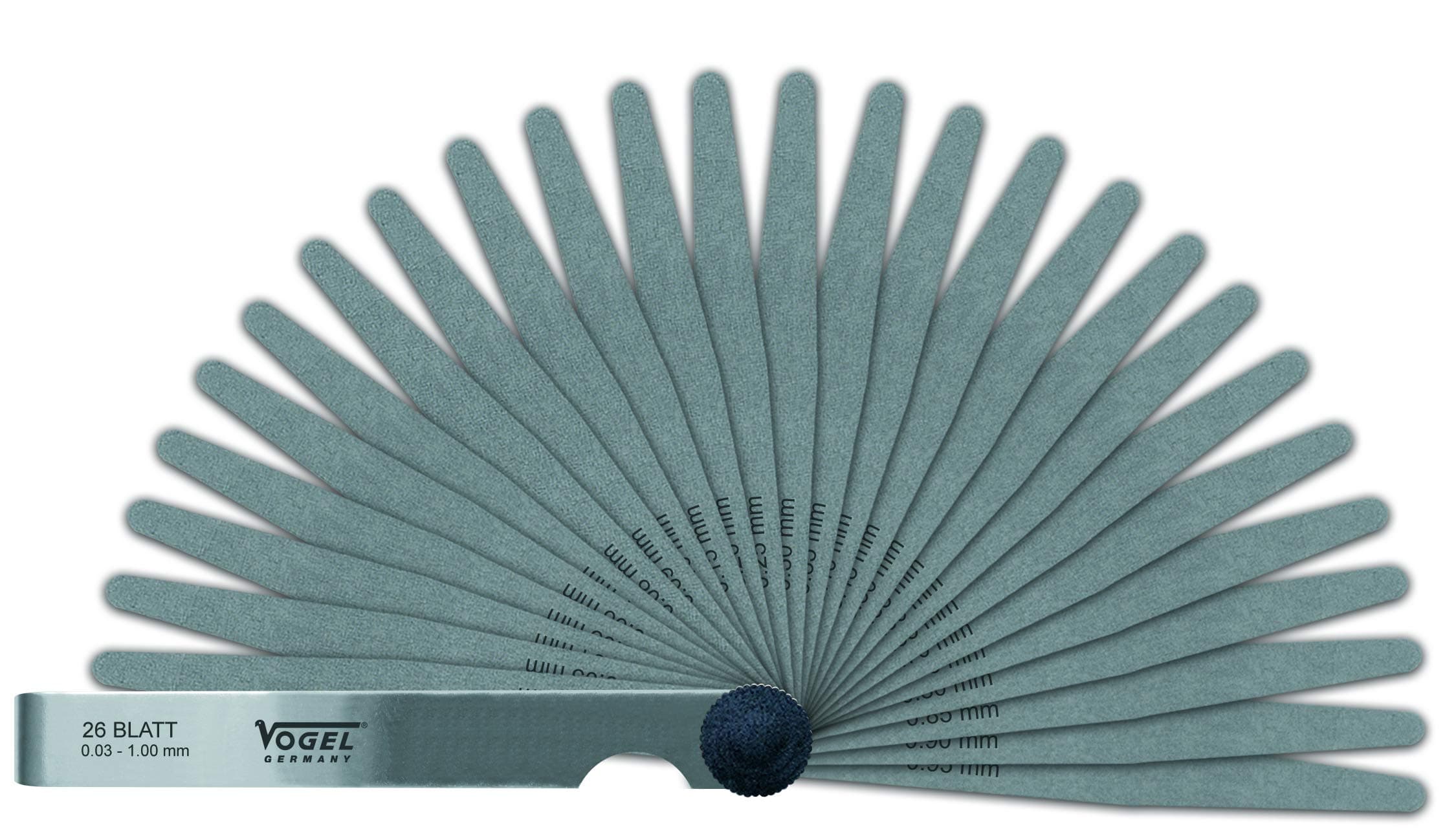 Vogel Germany Feeler Gauge Set (26 Sheets, Measuring Range: 0.03-1.00 mm, Hardened Spring Steel, Tapered Blade Shape, 100 mm Long) 411010