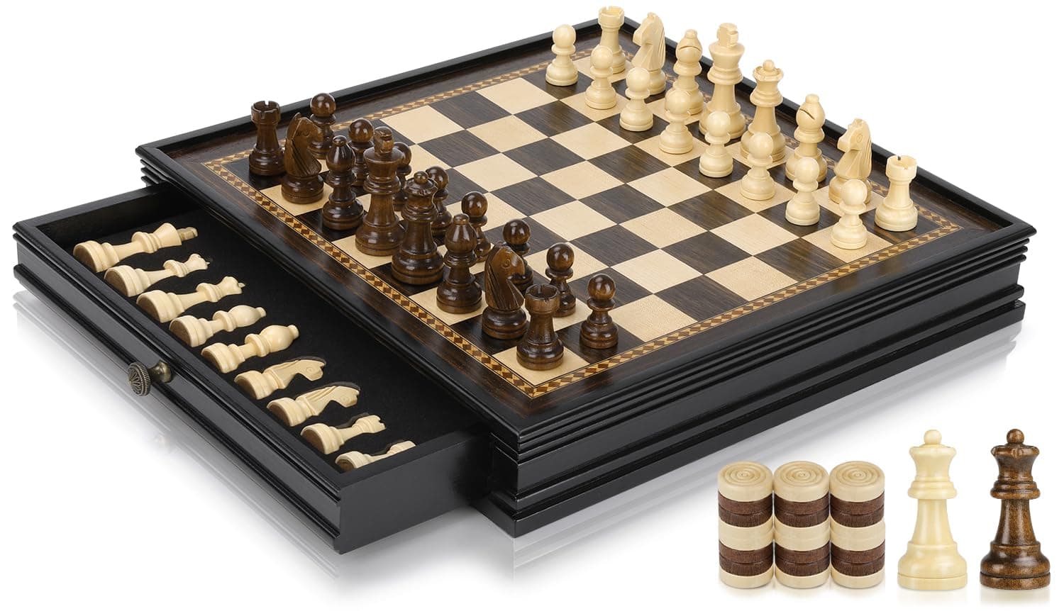 Peradix Magnetic Chess Checkers Board Sets with 2 Built-in Storage Drawers,12.8" Classic 2 in 1 Wooden Games with 2 Extra Queens for Kids and Adults,Travel Portable Chess Game Set